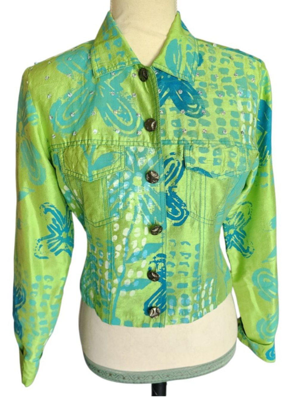 Sandy Starkman XS Silk Cropped Jacket Lime Green Blue Batik Rhinestone Blazer